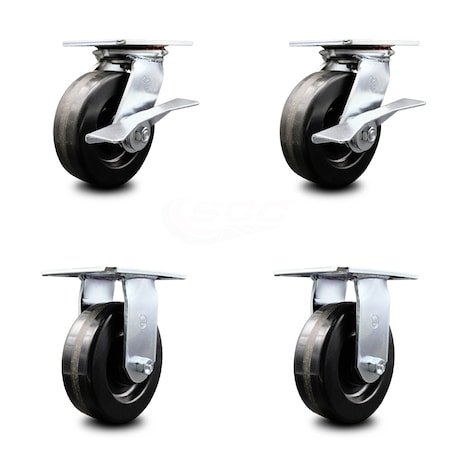 Service Caster 6 Inch Phenolic Caster Set with Ball Bearing 2 Brakes and 2 Rigid SCC-35S620-PHB-SLB-2-R-2
